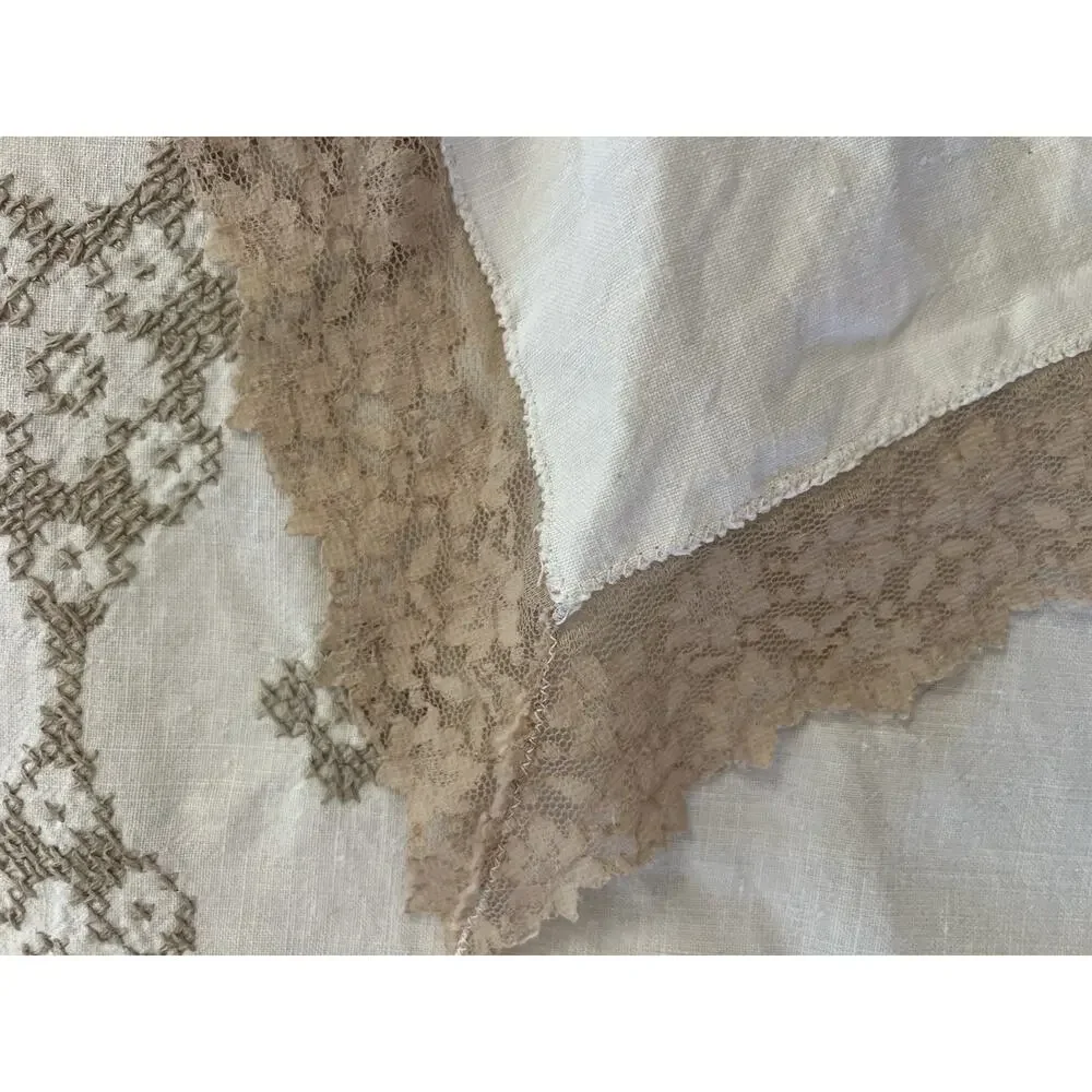 Vintage White Embroidered Cross Stitch 100% Linen Tablecloth 76x64 - Read Flawed